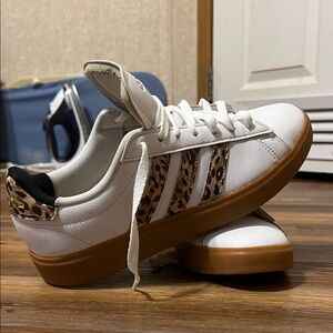 Adidas Women's White and Leopard Print Sneakers